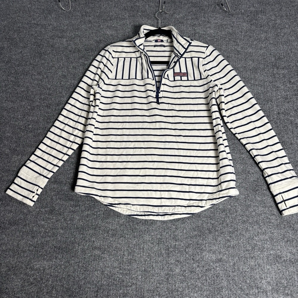 Vineyard Vines Women S The Shep Shirt Cream & Navy‎ Stripes 1/4 Zip Sweater